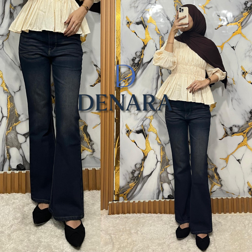 Highwaist Cutbray Jeans Wanita Stretch Retro Black Brown