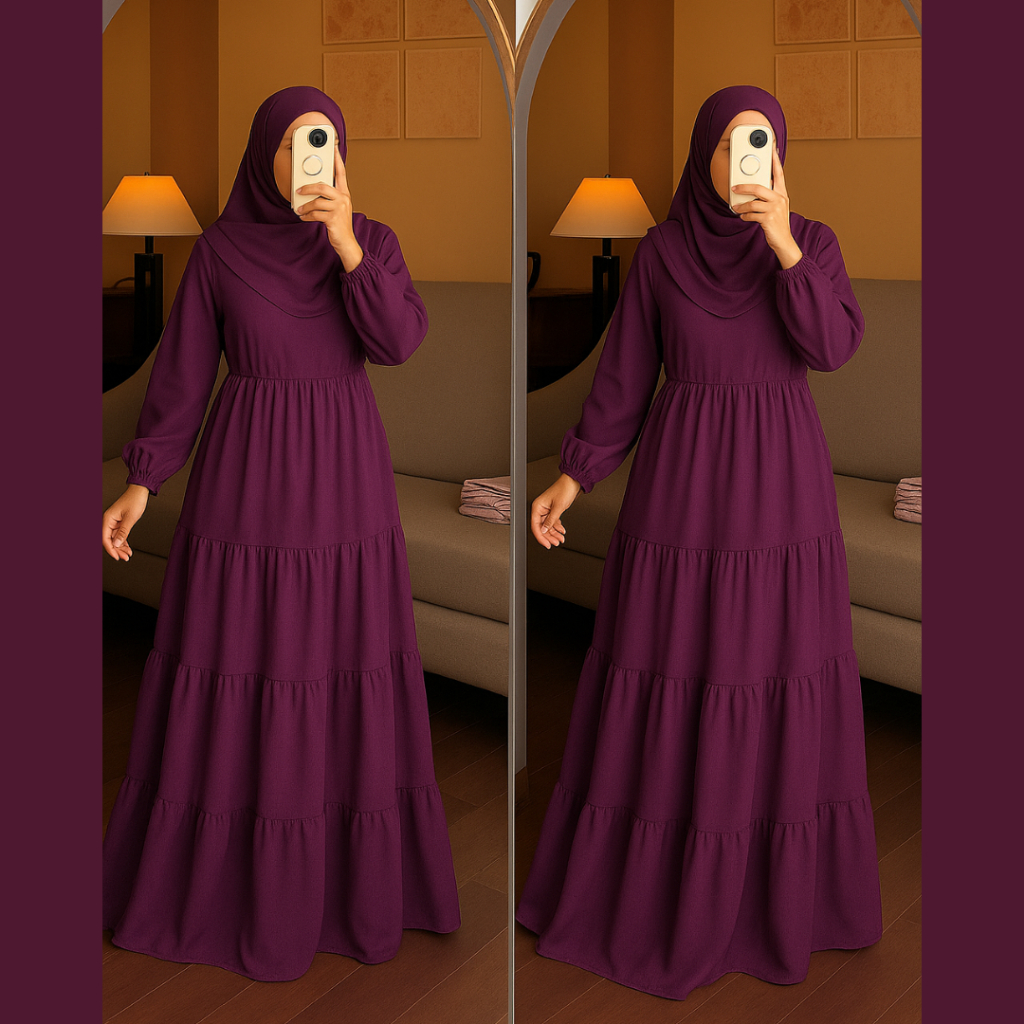 Gamis 3 Susun / Dress Serut Umpak Vol 1 Burgundy / Gamis Polos - Bahan Ceruty Babydoll Terlaris