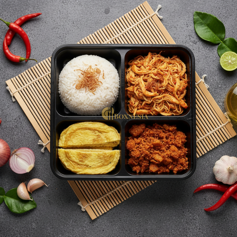 Catering Nasi Uduk Ayam Suwir Bali • Kentang Balado Kering • Telur Dadar Paket Nasi Box (Min 30) Ena