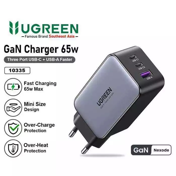 UGREEN Kepala Charger GAN 65W Adapter Charger PD 65w GaN 65 Watt Fast Charging - 10335 -