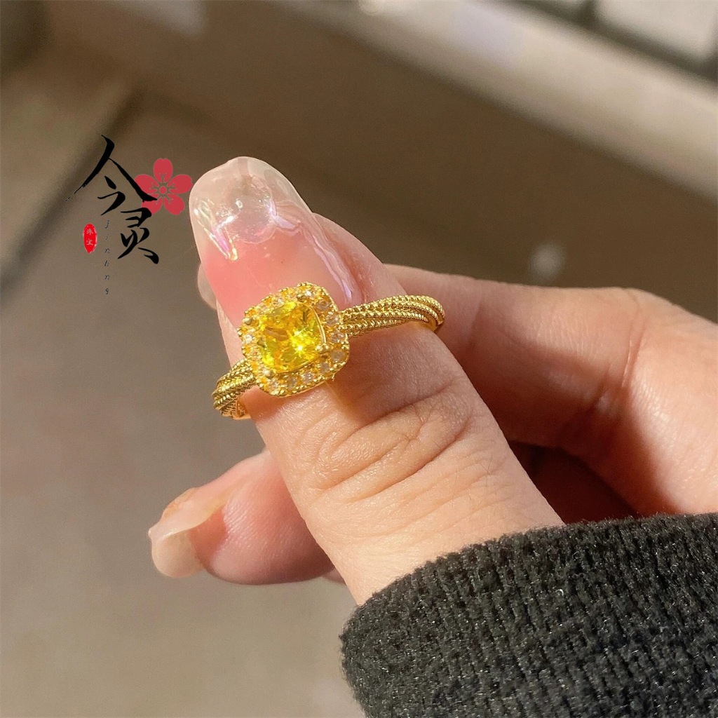 Cincin batu permata kristal kuning kubus gula kecil baru dengan berlian kuning untuk wanita, desain 