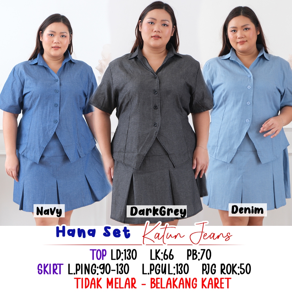 BIGSIZE JUMBO - HANA SET  SETELAN WANITA POLOS KATUN JEANS LD 130 ONE SET KEKINIAN BIG SIZE  SETELAN