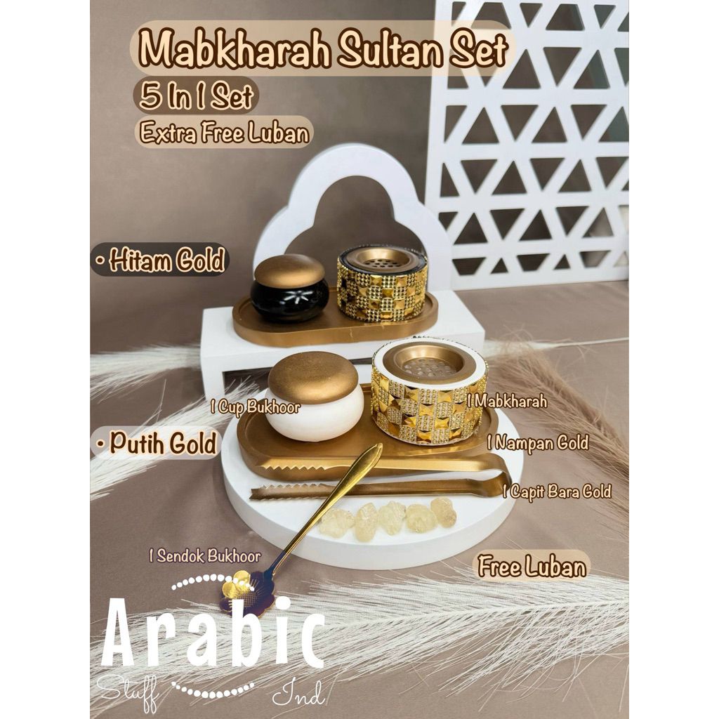 Arabic - 5 in 1 Set Sultan Mabkharah Set Gold Extra Free Luban Tempat Bakar Dupa Bukhur Mabkhara Set