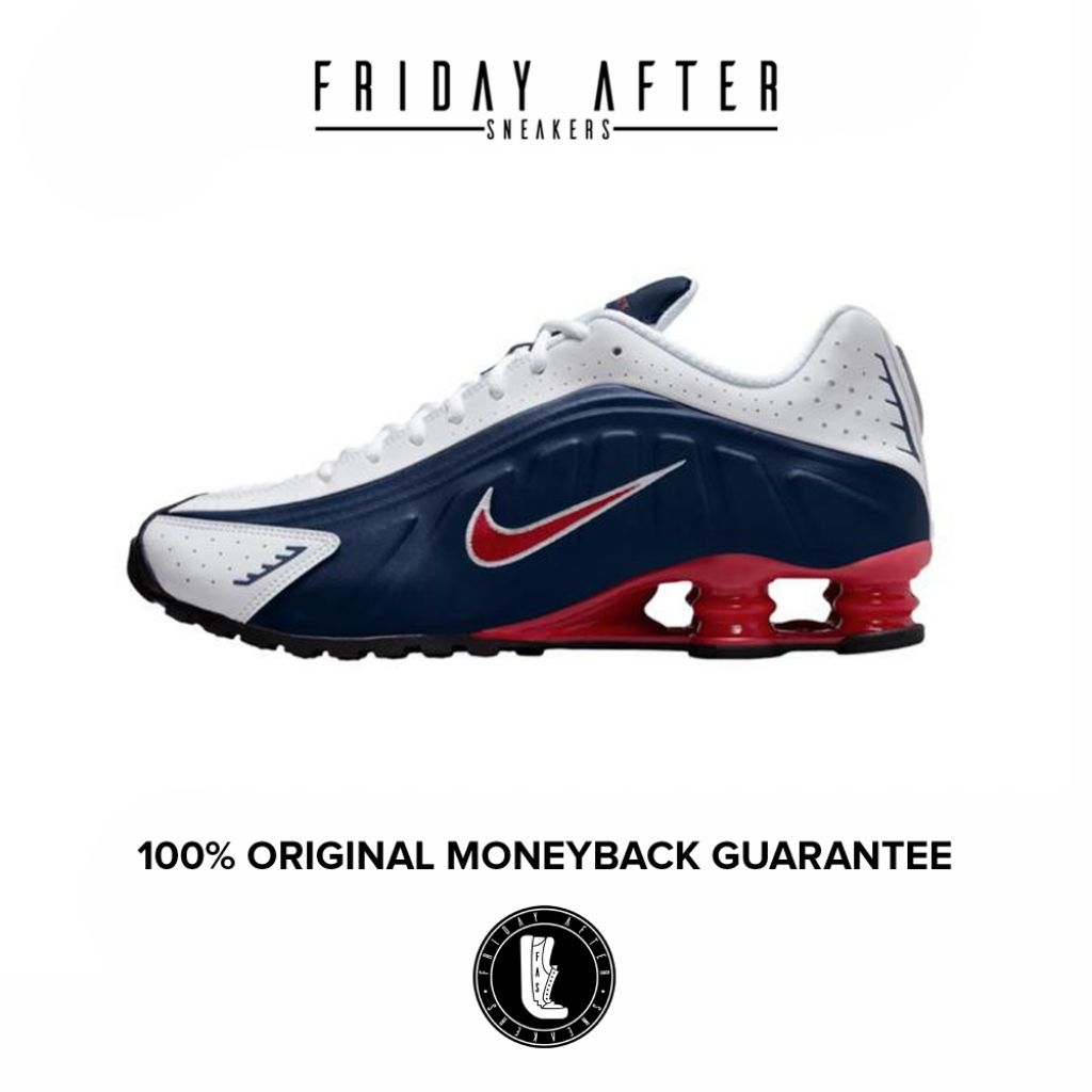 Sepatu Sneakers Pria Nike Shox R4 Midnight Navy USA Gym Red White Original Resmi