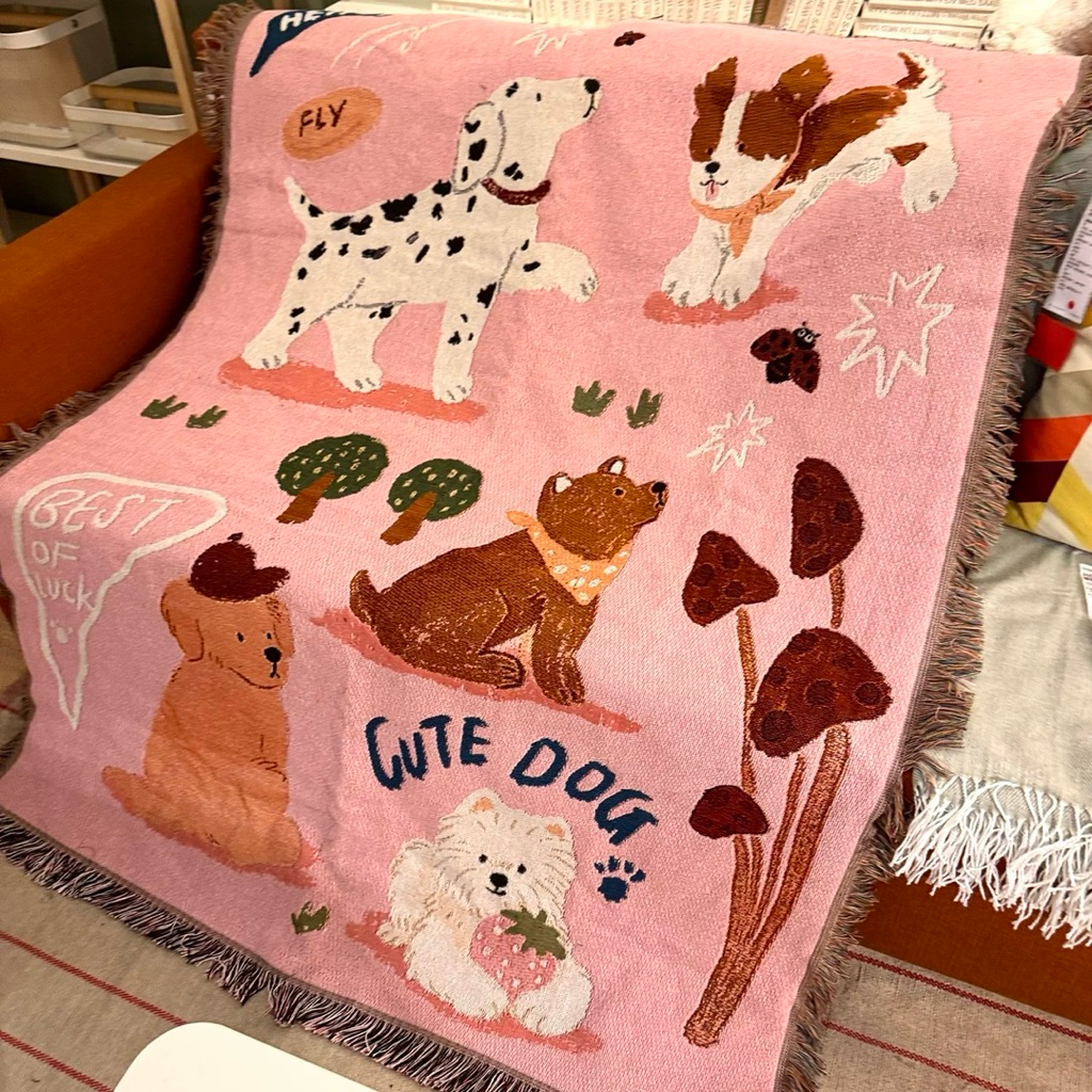 Woven Tapestry Anjing Pink | Throw Blanket Selimut Rajut Knit Alas Kursi Karpet | Wall Decor Fabric 