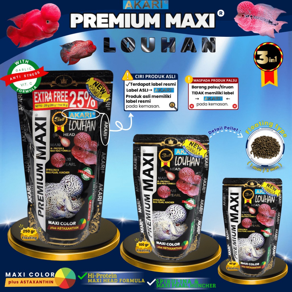 AKARI PREMIUM MAXI LOUHAN PRO 250gr makanan ikan pakan pelet louhan mutiara cencu kamfa srd 250 gr A