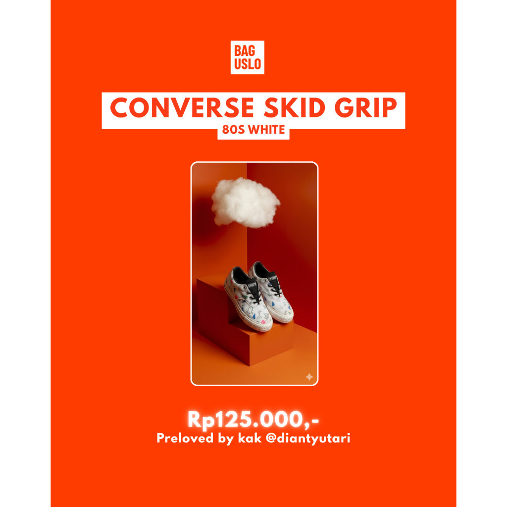 Converse Skid Grip 80's Archive Print Ox | Putih | Size 38 | Preloved | Cocok untuk Wanita | Unisex
