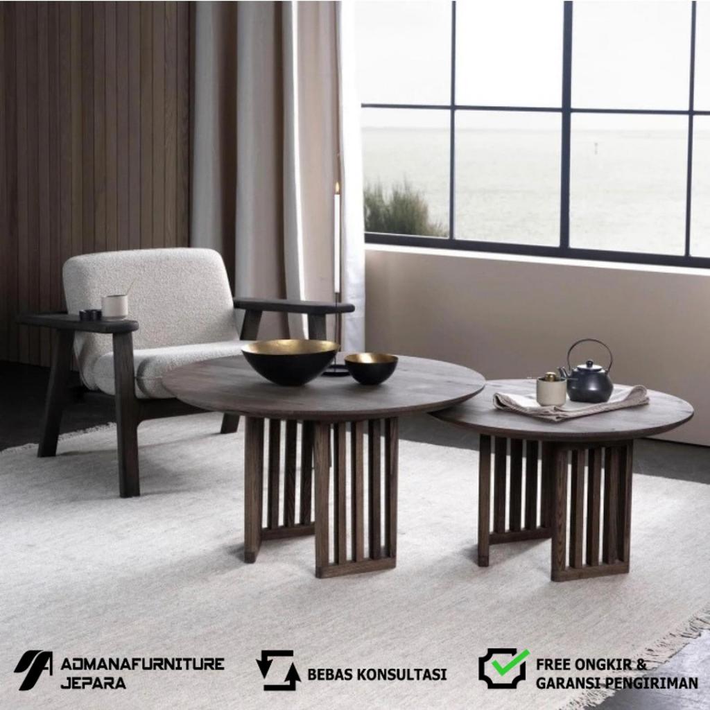Coffee Table Minimalis | Meja Tamu Bulat Kayu Jati | Meja Kopi Minimalis - Besar