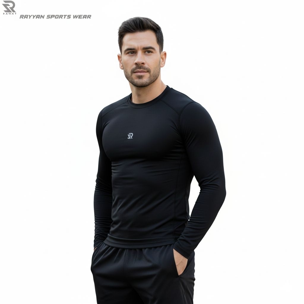 Hot Product Rayyan Sports Wear Manset Baselayer Pria Lengan Panjang Leher Pendek Stretch Fit,Manset