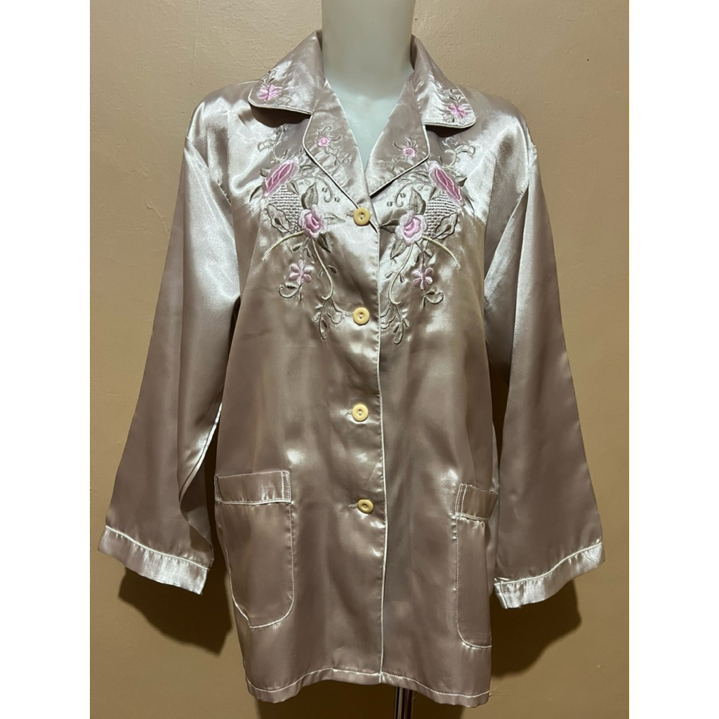 piyama lengan panjang baju tidur satin silk bordir brand pl