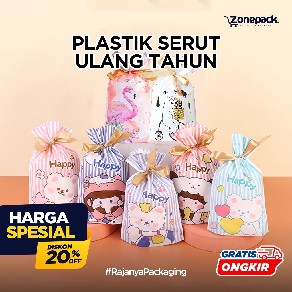 Plastik Serut Motif Ulang Tahun Kecil | Kantong Ulang tahun lucu | Plastik Packing Snack Serut Pita 