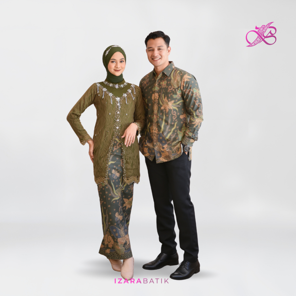 IZARABATIK Anggita Hijau Army Setelan Baju Kebaya Batik Modern Couple Wisuda Lamaran Kondangan