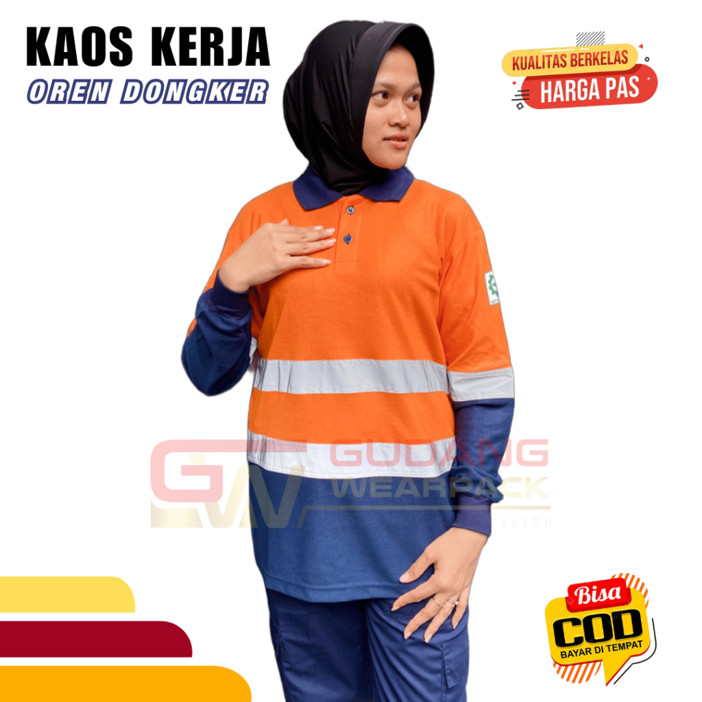 Kaos Kerja Lengan Panjang Reflektor 5cm WARNA Oren Kombinasi Dongker