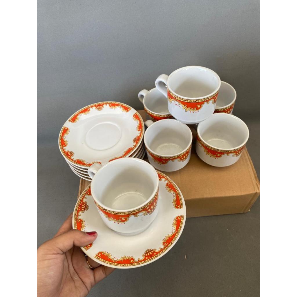 Set Cangkir Keramik Saucer Lilia Motif Mahkota isi 12 / Cangkir Kopi / Cangkir Set Lepek