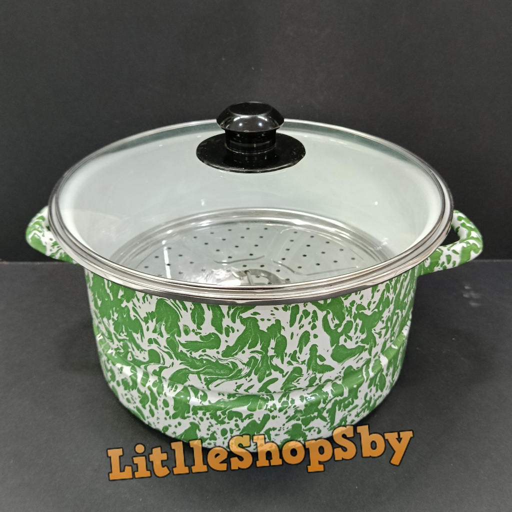 Panci Dandang Besar Enamel 24cm Hijau Loreng Blirik Tutup Kaca