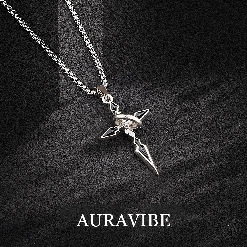 AURAVIBE-Kalung Ring Titanium Unisex, Model Salib Anime Trendy - Cocok untuk Sehari-hari