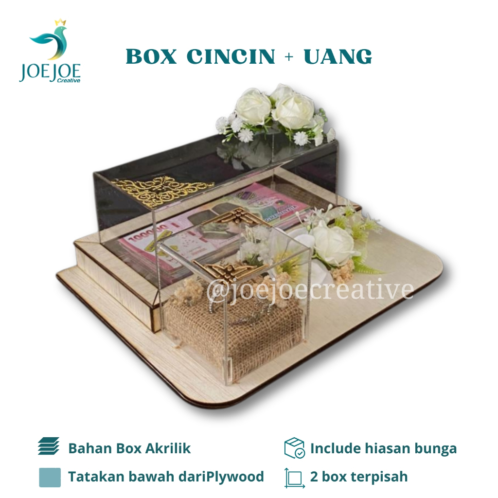 Kotak Uang dan cincin Akrilik  Bawahan Plywood| Kotak Mahar Akrilik | Kotak Uang Seserahan