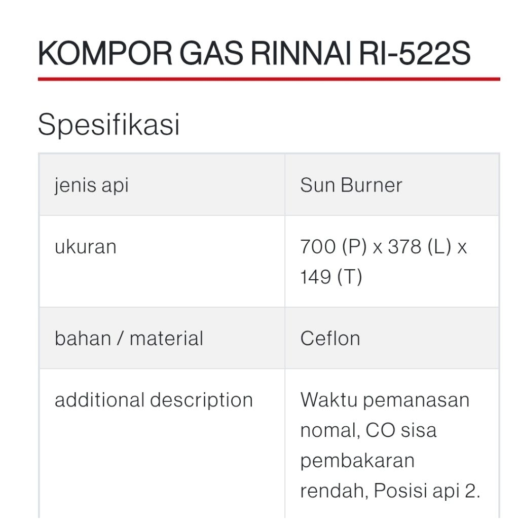 KOMPOR RINNAI 522S 2 TUNGKU