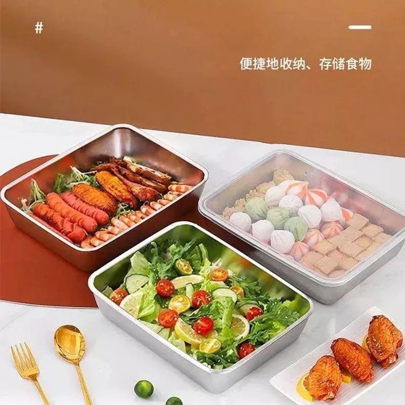 5pcs Nampan Stainless Steel / Nampan Persegi Stainless / Nampan Kotak Dilengkapi Dengan Penutup