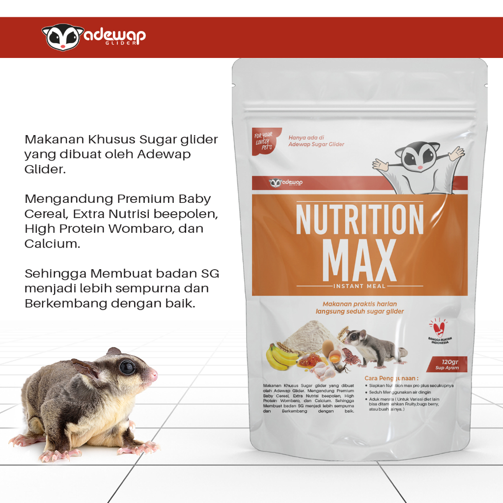ADEWAP GLIDER Nutrition Max Makanan Bubur Sugar Glider Premix Protein Kalsium HPW Daily Meal Harian -  Sup Ayam
