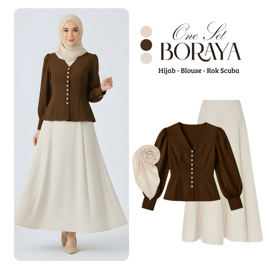 Boraya One Set 3in1 Setelan Outfit Hijab Kekinian | Blouse Bora Coklat Tua - Rok Scuba Ivory - Hijab