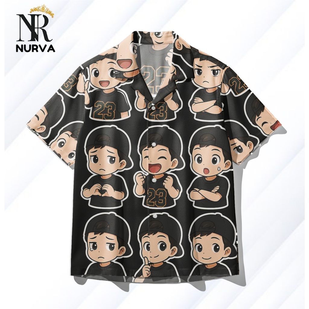 NURVA Kemeja Full Print Pria Motif Kartun Chibi Cowok Hitam – Kemeja Hawai Casual Streetwear Unisex 