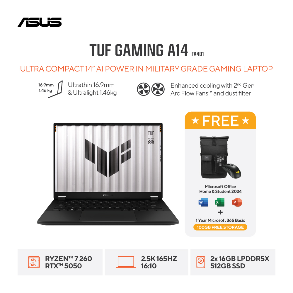 Asus TUF A14 FA401UH-R7N55G6G-HM, Amd R7 260/2x16GB/512GB/RTX5050 8GB/W11+OH24+M365(1Y)/2Y(1st Year 