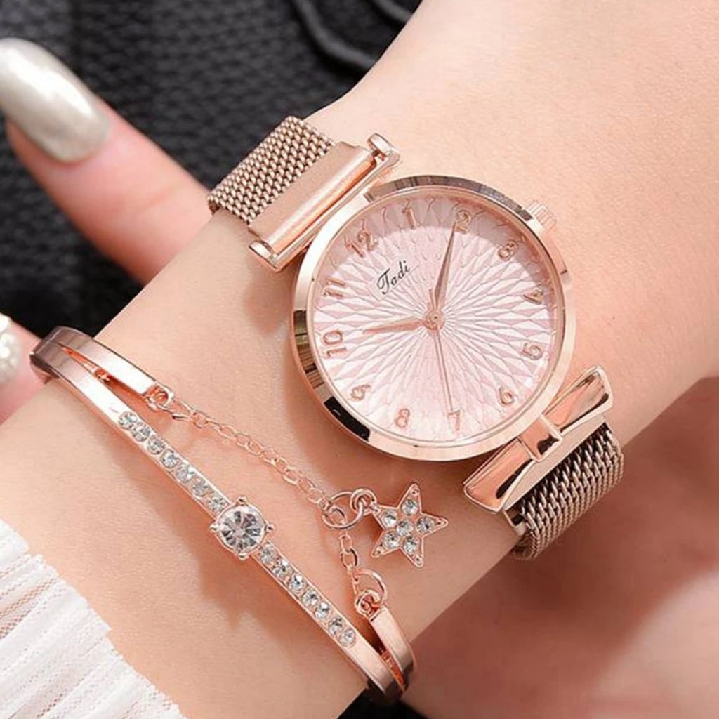 1Set Jam Tangan wanita dan Gelang mewah stainless steel