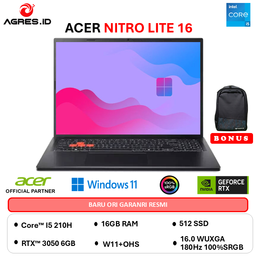 ACER NITRO LITE 16 CORE I5 210H RTX3050 6GB - 16GB 512GB W11+OHS 16.0WUXGA 180HZ 100SRGB -71G.5613