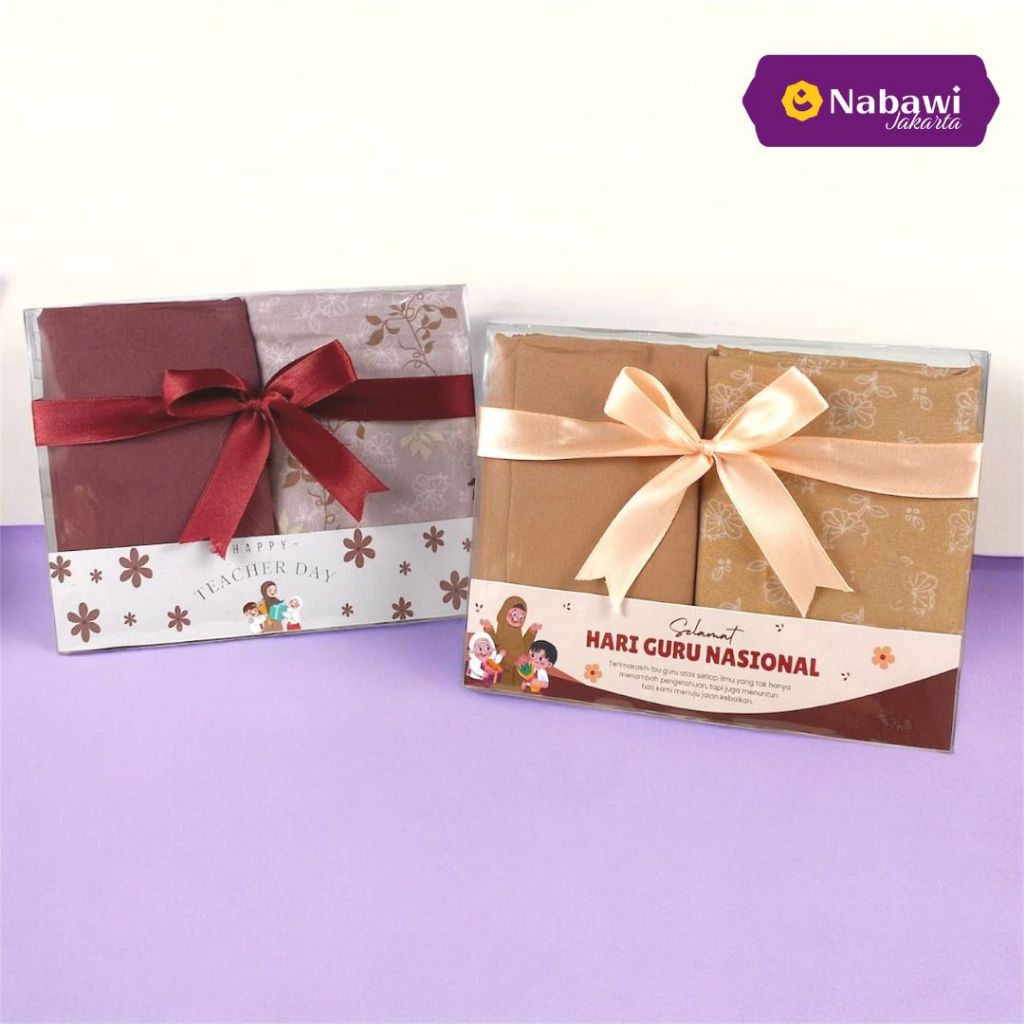 Hampers 2 Jilbab Segiempat Motif dan Polos Souvenir Hari Guru Souvenir Hari Ibu Pernikahan Tasyakura