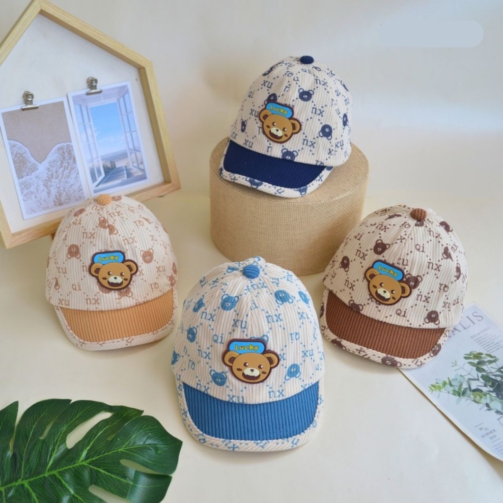 (8 Bulan- 3 Tahun) Topi Cap Anak Motif Lucky Corduroy Lidah Pendek Premium Murah