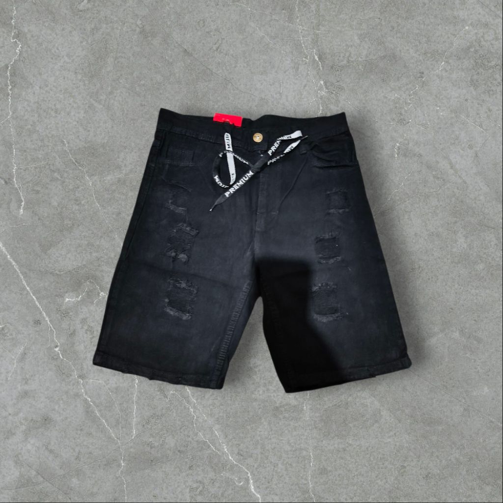 Celana Pendek Jeans Sobek Hitam Pria Denim