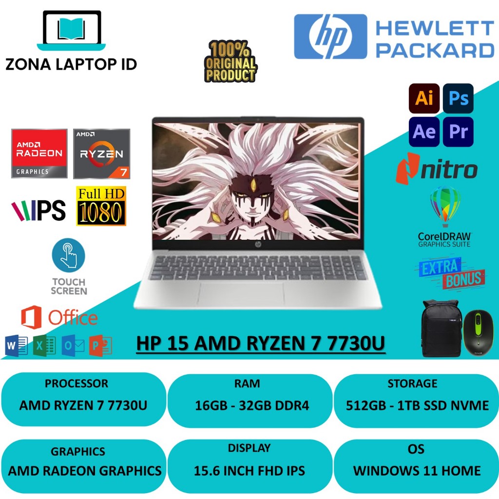 LAPTOP GAMING TOUCH HP 15 AMD RYZEN 7 7730U 32GB 1TB SSD 15,6 FHD IPS WIN11 HOME