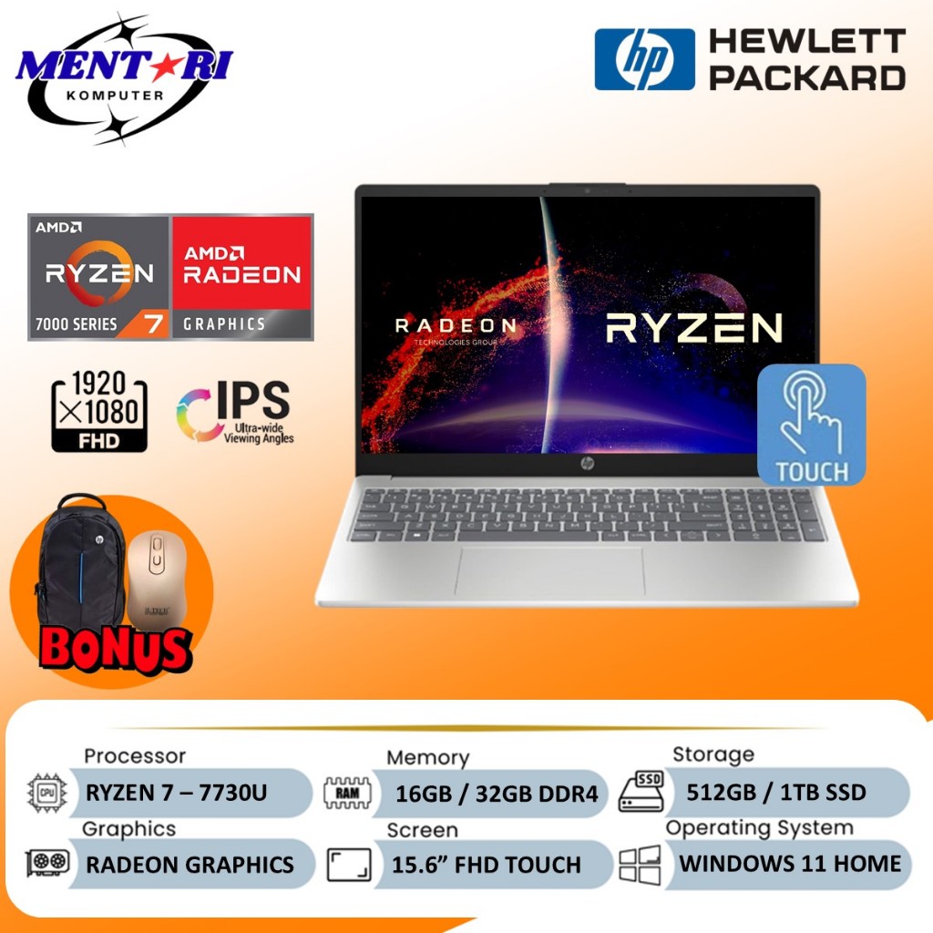 Laptop HP 15 Ryzen 7 7730U 32GB 1TB SSD FHD IPS Touchscreen Win11 Home Silver