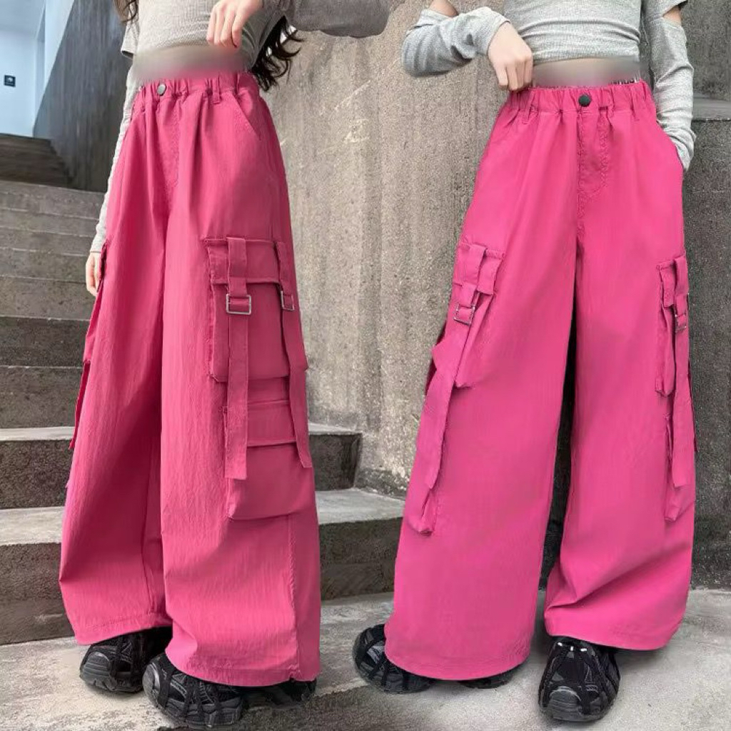 Celana Cargo Anak Perempuan Baggy Pink Cargo, Pink Wide Leg Pants cocok untuk 2-14 tahun