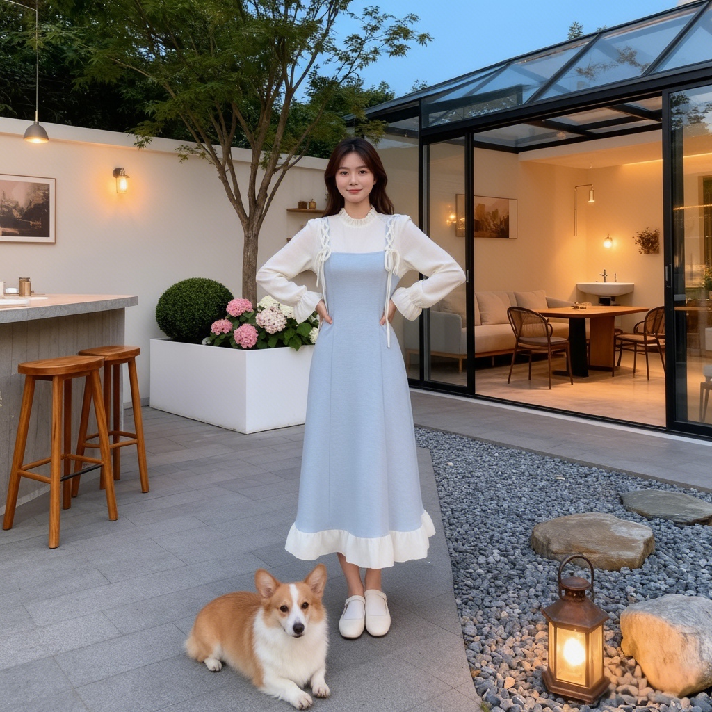 Korean Vintage Long Dress Biru Putih Lengan Panjang - dress korea dress vintage dres panjang K061