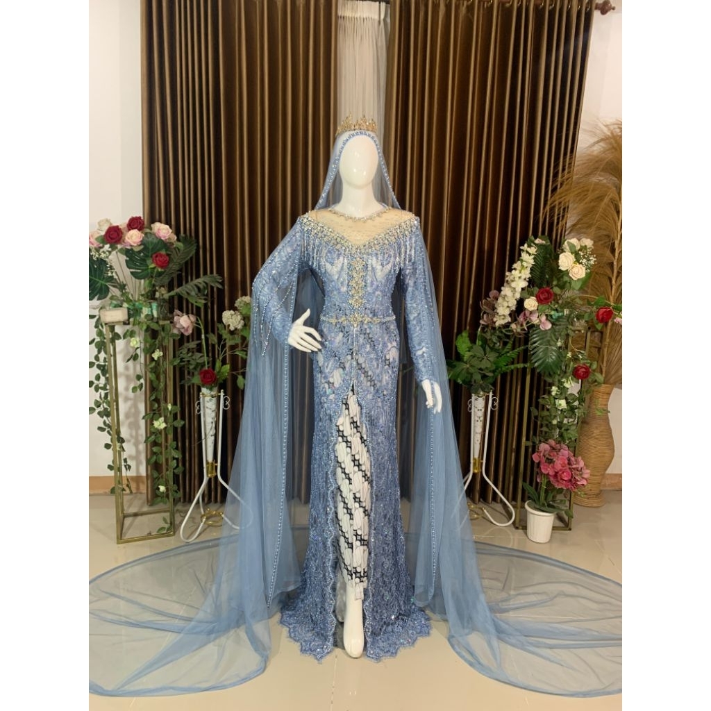 Ready Kebaya pengantin warna Biru Denim Full payet bahan santili