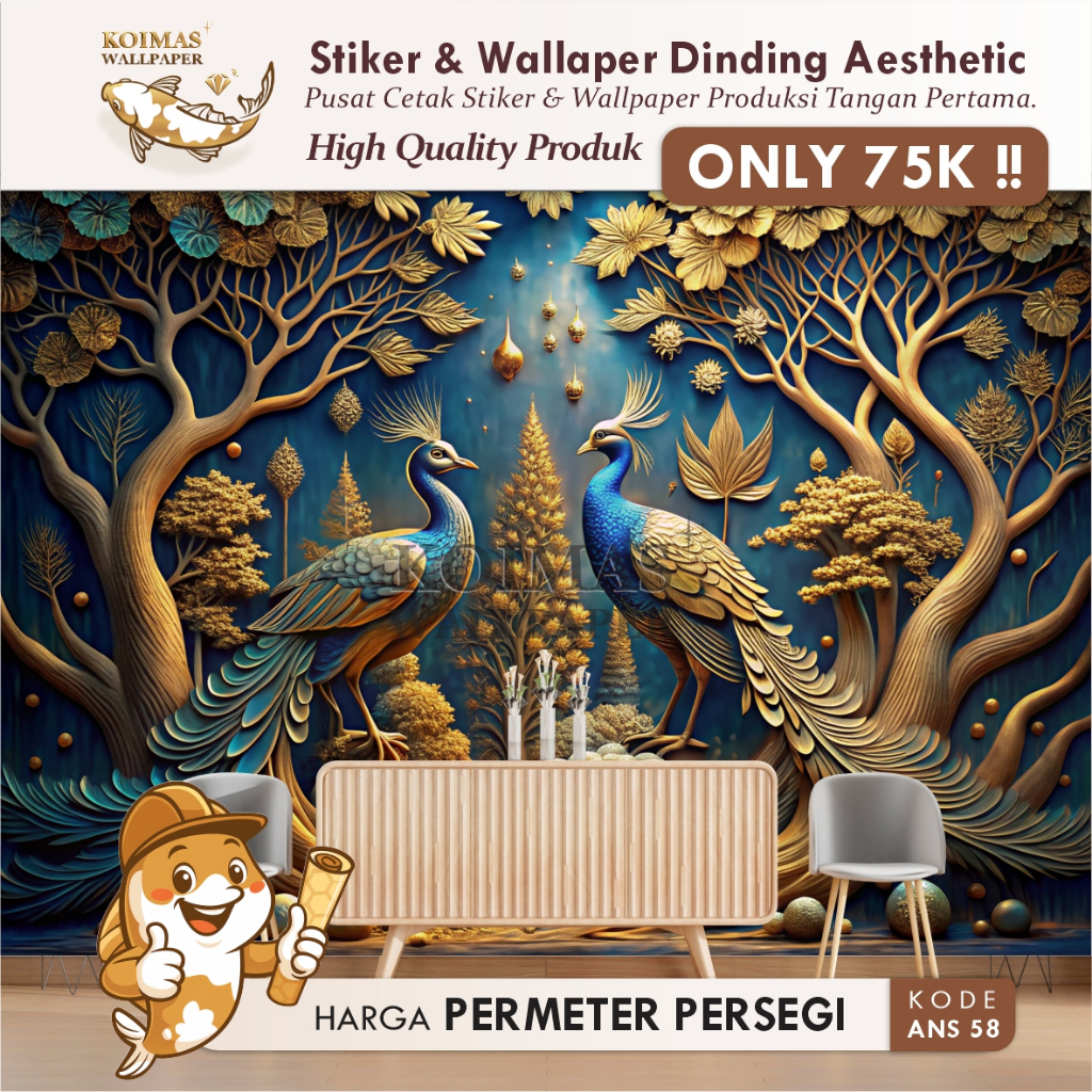 Stiker Merak 3D Wallpaper Hiasan Burung Merak 3D Dekorasi Dinding Mewah Stiker Dinding Kekinian