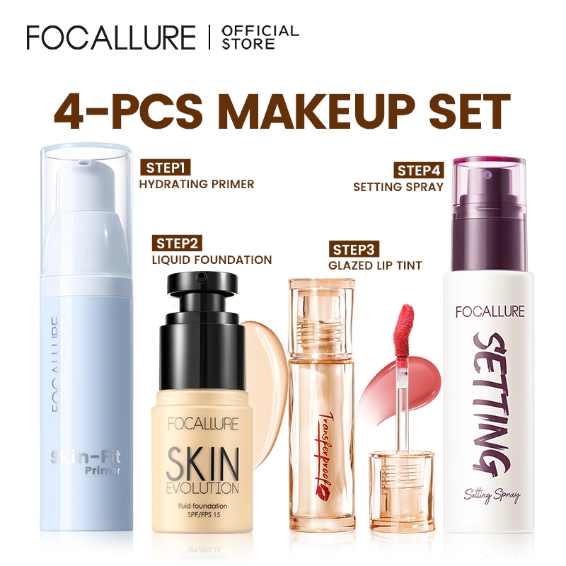 FOCALLURE 4PCS Face Makeup Set Hydrating Primer Foundation Setting Spray LipTint LipCream