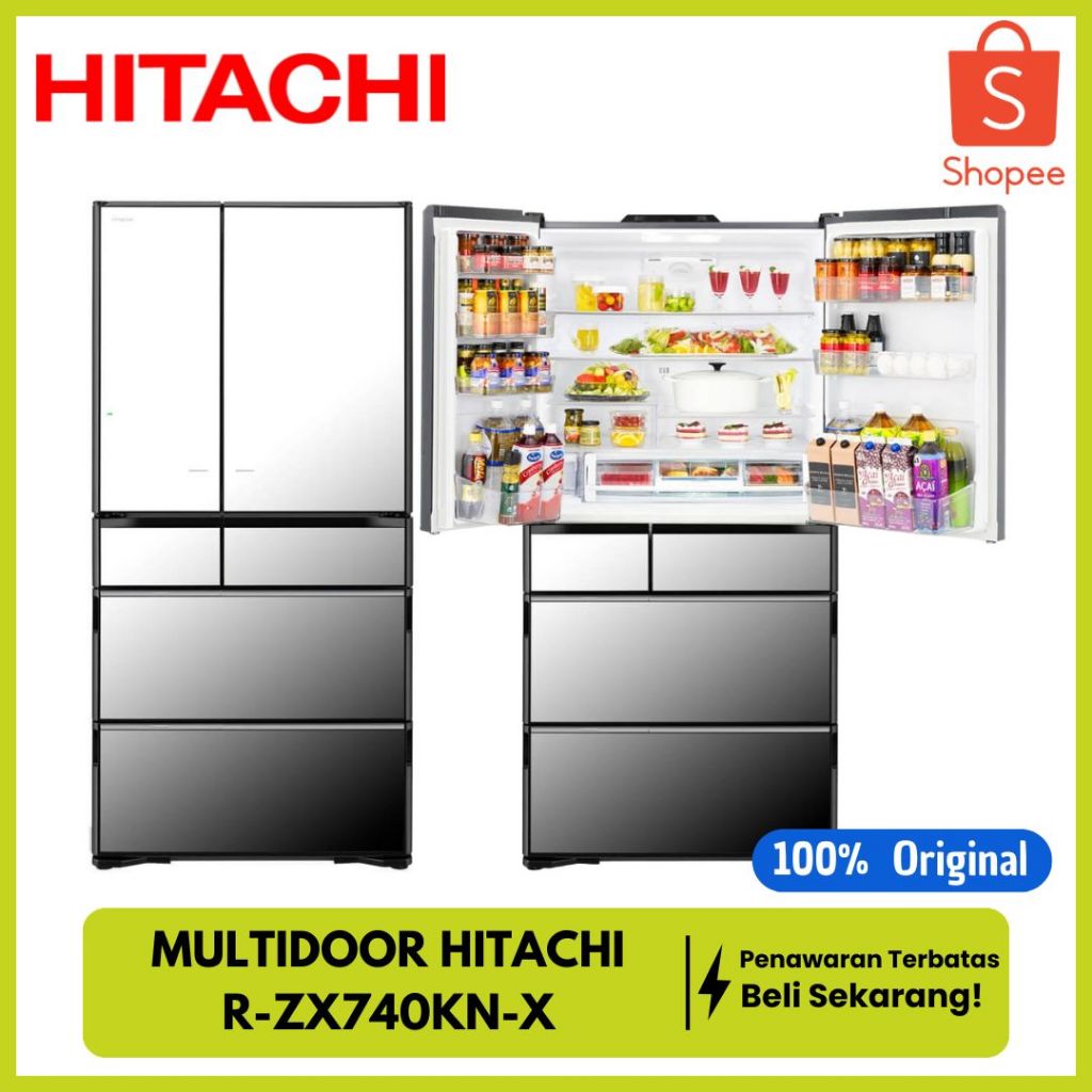 KULKAS HITACHI R-ZX740KN MULTIDOOR 572 LITER VACUM COMPARTMENT CRYSTAL MIRROR R-ZX740KNX