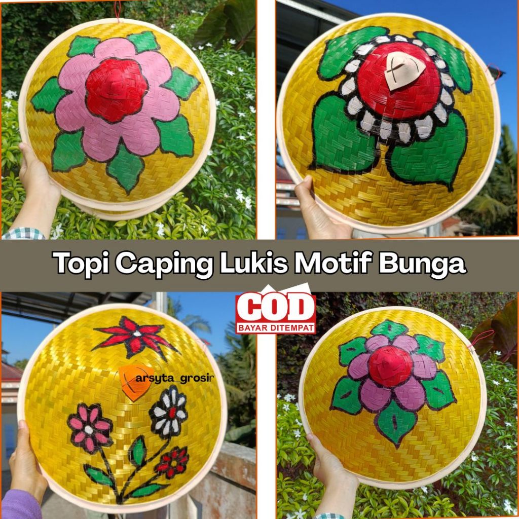 Caping lukis anak / caping lukis unik /caping lukis bambu motif bunga