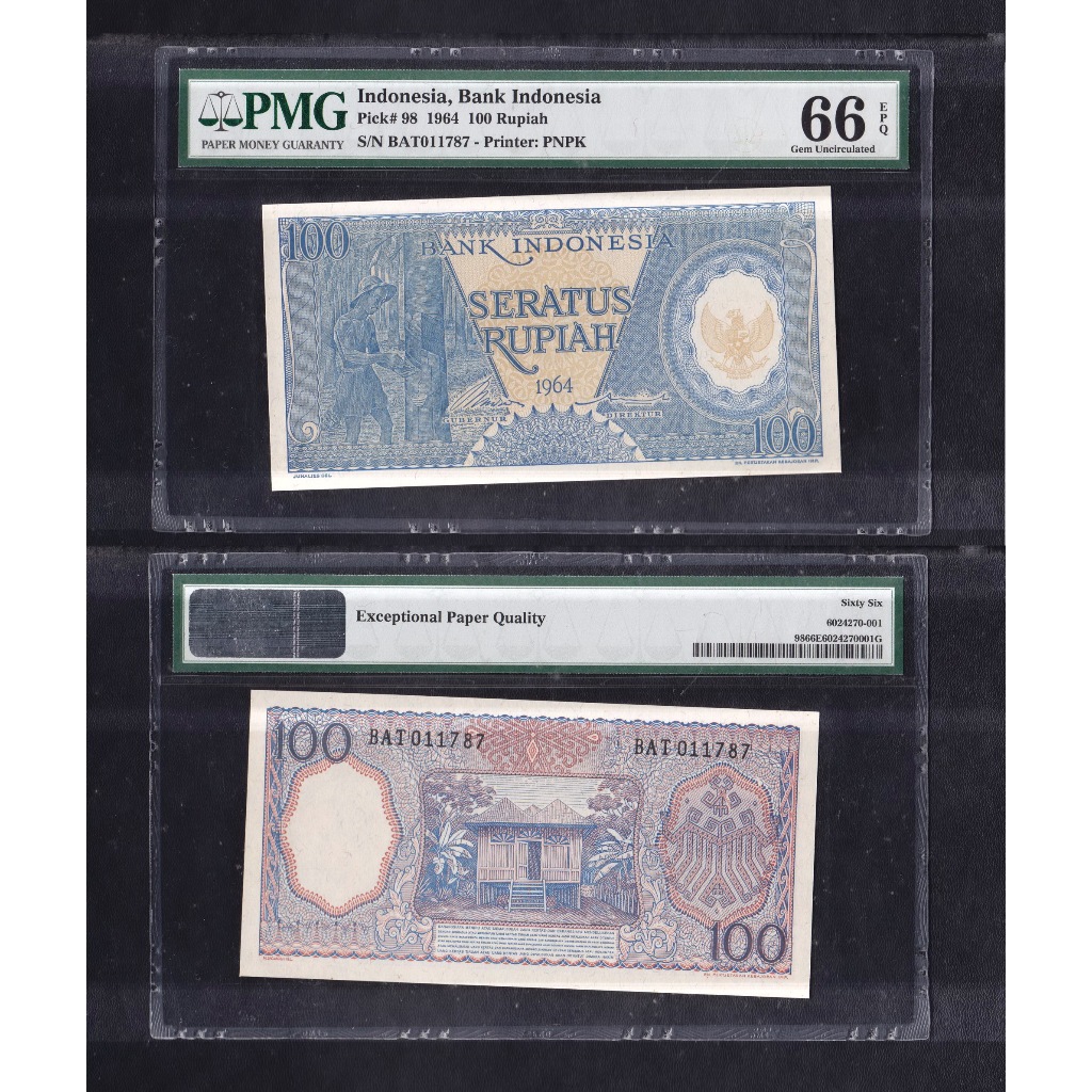 Uang kuno PMG 66 EPQ - 100 Rupiah (biru) tahun 1964 seri Pekerja-2 S/N BAT011787