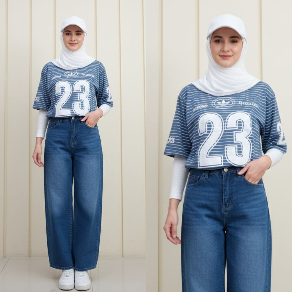 Setelan Wanita Dewasa Kaos Oversize Stripe +Celana Kulot Jeans Wash