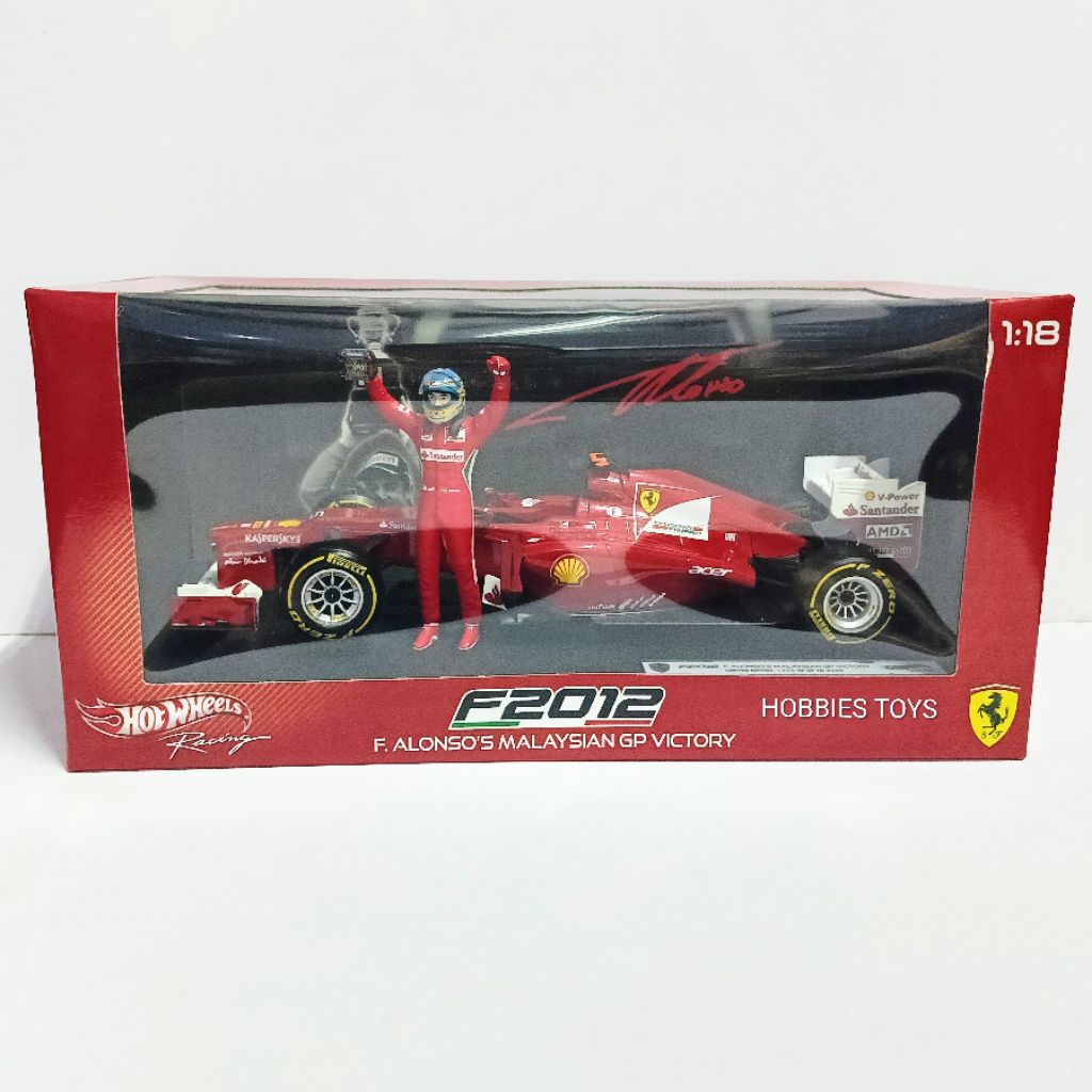 Hot Wheels Racing 1/18 Scale Ferrari F2012 Fernando Alonso Malaysian GP Victory  + Figure
