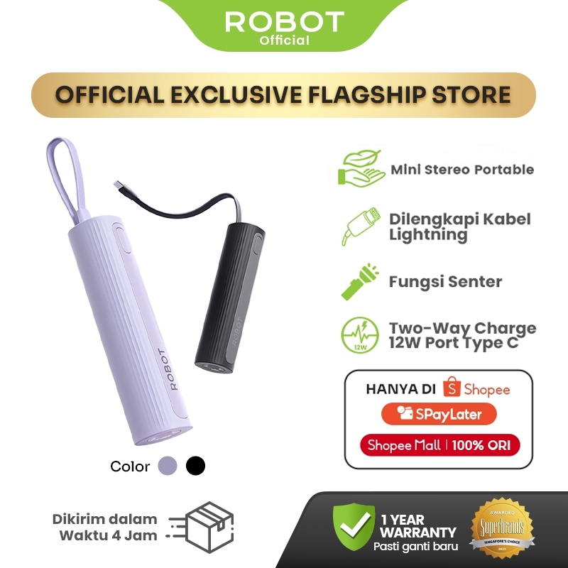 ROBOT Powerbank RT051-C/L 5000mAh Portable Fast Charge Type-C Cable & Port With Flashlight Function 