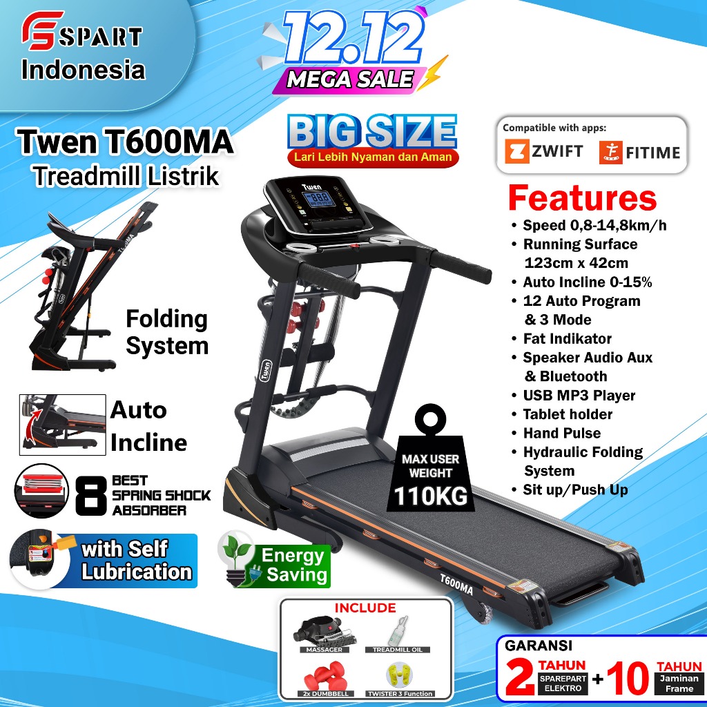 TWEN T600M T600MA series Treadmill Portable / Treadmill Electric Low Watt / Treadmill Elektrik Alat 