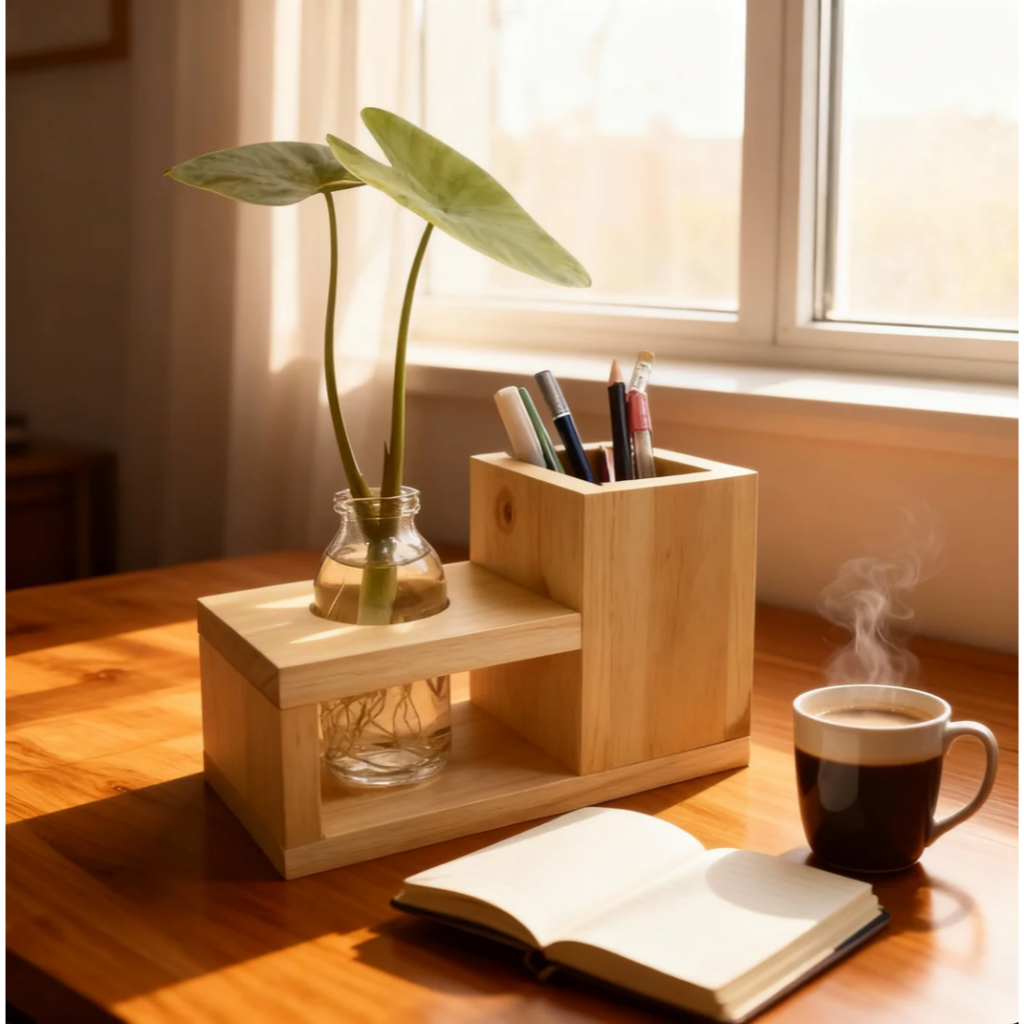 Tempat Pensil Wadah Pot Bunga Kayu Rak Wadah Tempat Pensil Dekorasi Meja Kantor Aesthetic