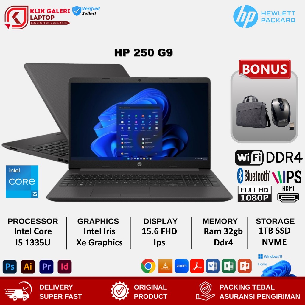 Laptop Hp 250 G9 Intel Core I5 1335U Ram 32GB 1TB Ssd 15" Fhd IPS WINDOWS 11 HOME