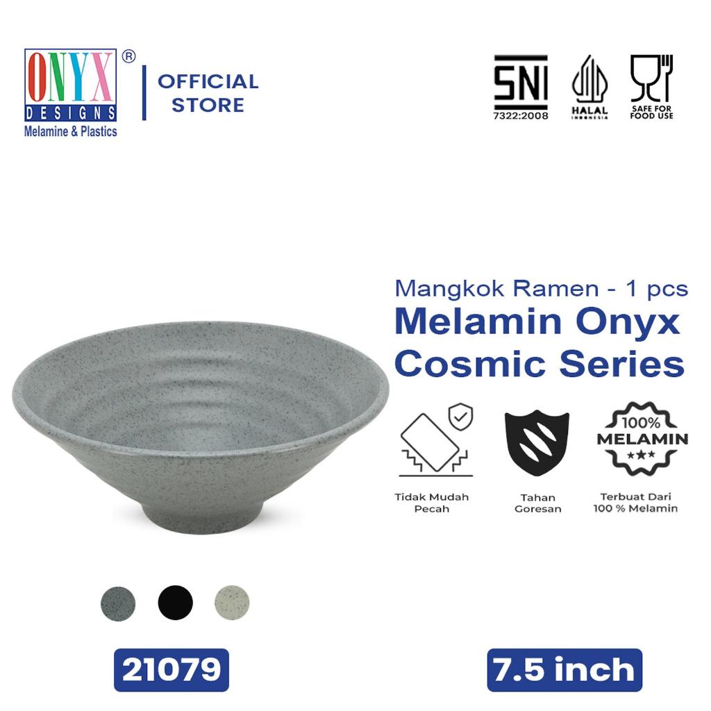 Mangkok Ramen 21079 Unik Cekung Dalam Melamin Motif Batu Tembikar Hitam Putih Abu Tebal Tahan Panas 