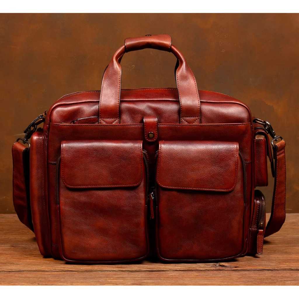 RIVIKER Tas Kerja Pria Kulit Asli Premium Tas Kerja Kapasitas Besar